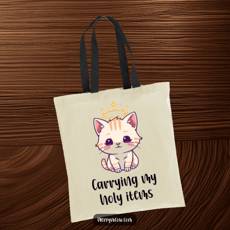 Funny tote bag featuring a celestial cat with a festive tinsel halo, perfect for carrying essentials with divine flair.