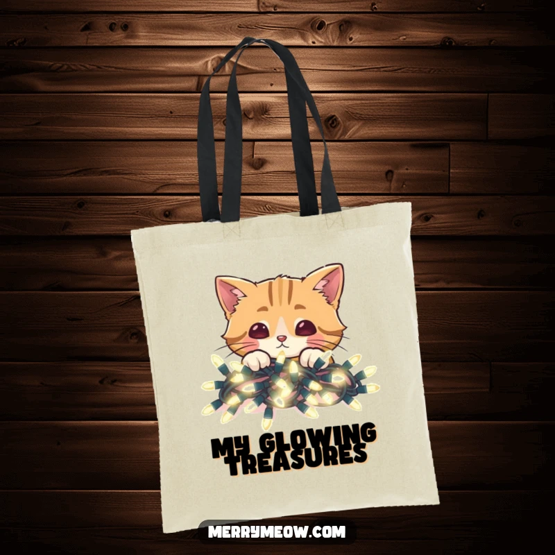 Funny tote bag with a cat peeking over a pile of bright Christmas lights, ideal for holiday shopping.