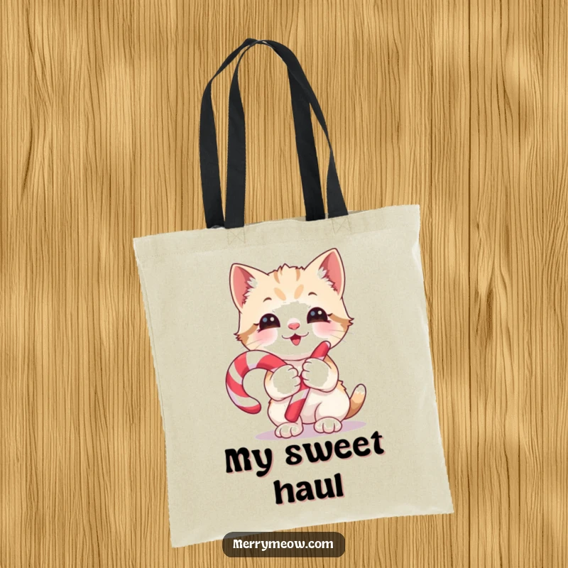 Funny Tote Bag: A gleeful kitten holding a candy cane, perfect for carrying essentials with sweet holiday humor, a funny gift.