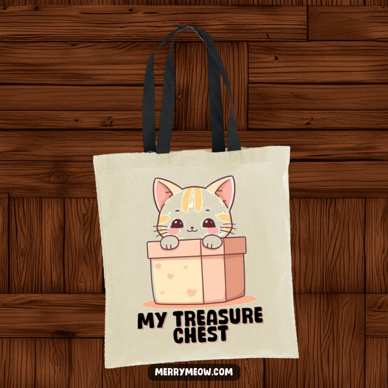 Funny Tote Bag: A happy cat peeks from a gift box, designed for those who love surprises and smiles.