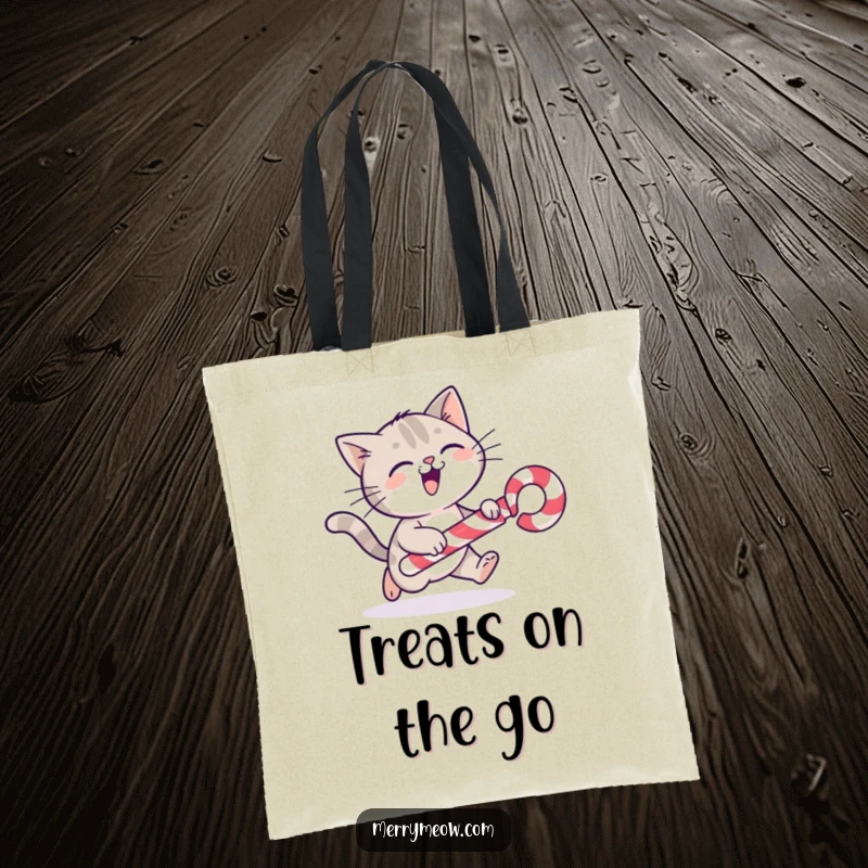 Funny cat character gleefully chasing a rolling candy cane, featured on a durable and charming tote bag.